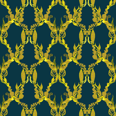 Floral rococo vintage seamless pattern, classic damask textile ornament. Gray navy sunshine yellow...