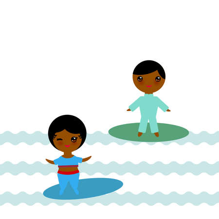 Cute kawaii boy and girl. Cartoon children, surfing, swim on surfboards in the ocean, isolated on white background. Can be used for card banner design for your text. vector illustrationのイラスト素材