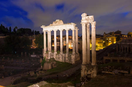 Night view of Temple of Saturn  Forum Romanum in Rome, Italyの写真素材