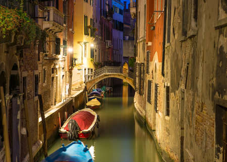 Night view of canal in Venice, Italyの写真素材