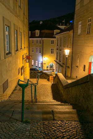 Night view of old street in Mala Strana Little Quarter in Prague. Czech Republicの写真素材