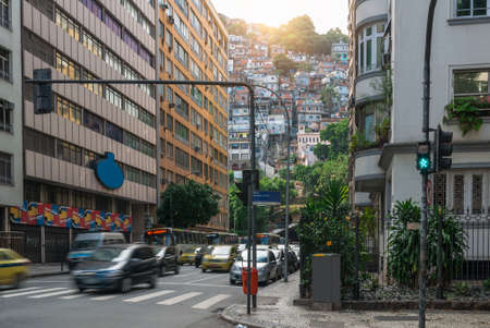 Street in Copacabana and favela Cantagalo in Rio de Janeiro. Brazilの写真素材