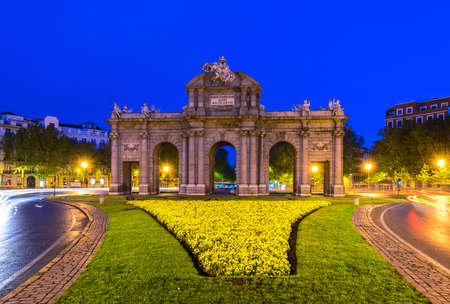 Night view of Puerta de Alcala in Madrid, Spainの写真素材