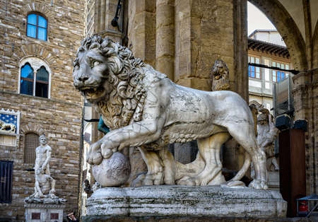 Statues at Loggia Dei Lanzi in front of Palazzo Vecchio in Florence. Italyの写真素材