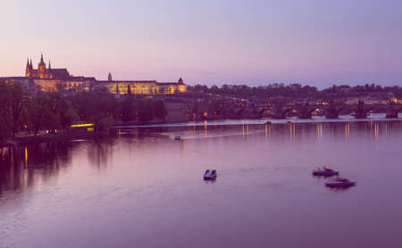 Sunset view of Charles Bridge(Karluv most), Prague Castle (Prazsky hrad) and Vltava river in Prague. Czech Republicの写真素材