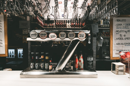 Madrid - May 10: Bar in Mercado San Miguel on May 10, 2016 in Madrid, Spain. Mercado San Miguel of Madrid is one of the most popular landmark in Madrid, Spain.のeditorial素材