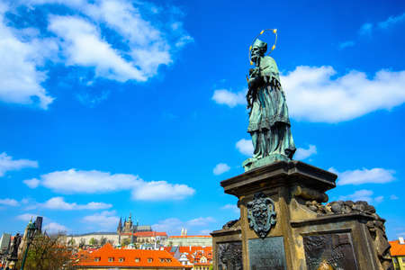 Statue of John of Nepomuk (Jan Nepomucky) on Charles Bridge in Prague, Czech Republicの写真素材