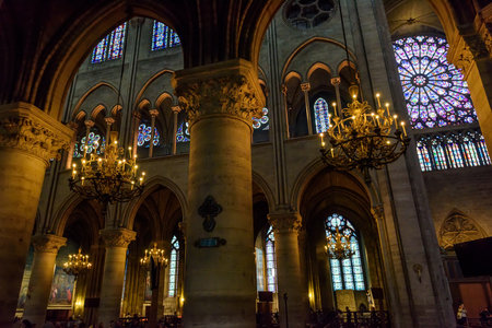 PARIS, FRANCE - MAY 22: Interior of the Notre Dame de Paris in Paris, France. The cathedral of Notre Dame is one of the most visiting landmark in Paris.のeditorial素材