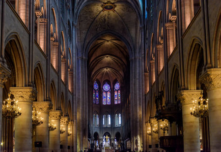 PARIS, FRANCE - MAY 22: Interior of the Notre Dame de Paris in Paris, France. The cathedral of Notre Dame is one of the most visiting landmark in Paris.のeditorial素材