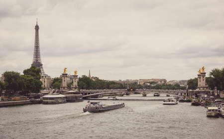 View of Eiffel tower, Pont Alexandre III and Seine river in Paris, Franceの写真素材