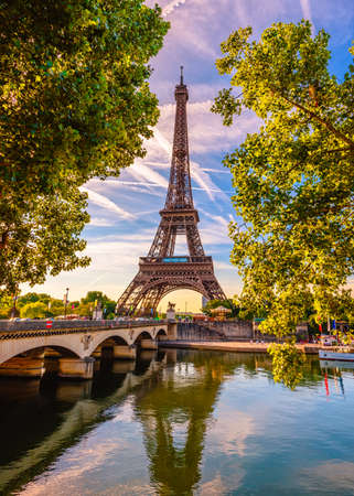 Paris Eiffel Tower and river Seine in Paris, France. Eiffel Tower is one of the most iconic landmarks of Parisの写真素材