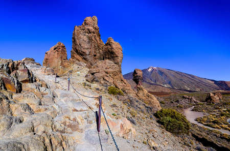 Rock formations and Mount Teide in Teide National Park. Tenerife, Canary Islands, Spainの写真素材