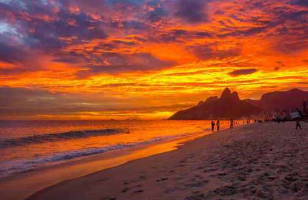 Sunset view of Ipanema beach and mountain Dois Irmao (Two Brother) in Rio de Janeiro, Brazil