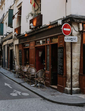 Cozy street with tables of cafe  in Paris, Franceの写真素材