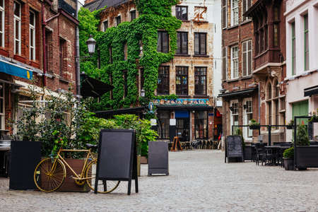 Old street of the historic city center of Antwerpen (Antwerp), Belgium. Cozy cityscape of Antwerp. Architecture and landmark of Antwerpenの写真素材