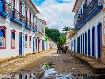 Street of historical center in Paraty, Rio de Janeiro, Brazil. Paraty is a preserved Portuguese colonial and Brazilian Imperial municipalityの写真素材
