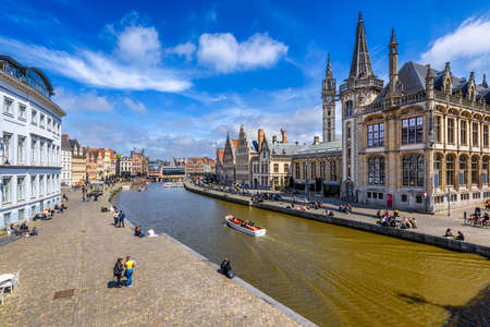 View of Graslei, Korenlei quays and Leie river in the historic city center in Ghent (Gent), Belgium. Architecture and landmark of Ghent. Cityscape of Ghent.の写真素材