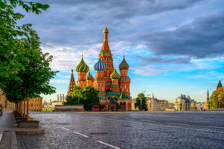 Saint Basil's Cathedral and Red Square in Moscow, Russia. Architecture and landmarks of Moscow. Sunrise cityscape of Moscowの写真素材