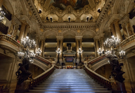 PARIS, FRANCE, MAY 11, 2018: Monumental stairway of the Palais Garnier opera in Paris. The theater is also often referred to as the Opera Garnier in Paris, Franceのeditorial素材