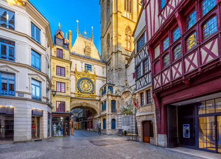 The Gros-Horloge (Great-Clock) is a fourteenth-century astronomical clock in Rouen, Normandy, France. Architecture and landmarks of Rouen. Cozy cityscape of Rouenの写真素材