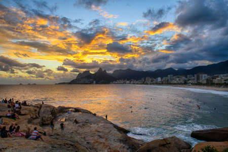 Sunset view of Ipanema beach and mountain Dois Irmao (Two Brother) in Rio de Janeiro, Brazil....
