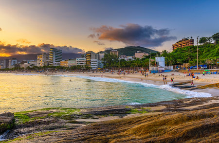 Sunset view of Ipanema beach and Arpoador beach in Rio de Janeiro, Brazilの写真素材