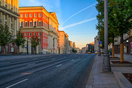 Building of Moscow Government on Tverskaya Street in Moscow, Russia. Sunrise cityscape of Moscowの写真素材