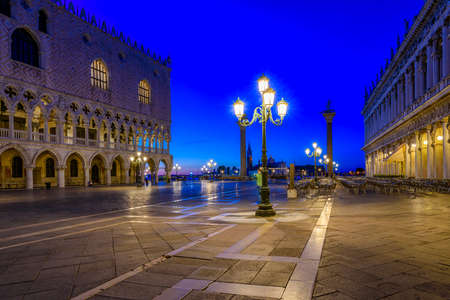 Night view of piazza San Marco, Doge's Palace (Palazzo Ducale) in Venice, Italy. Architecture and landmark of Venice. Night cityscape of Venice.の写真素材