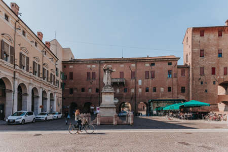 Piazza Savonarola and monumet to Savonarola in Ferrara, Emilia-Romagna, Italy. Ferrara is capital of the Province of Ferraraの写真素材