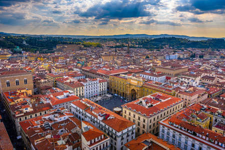 Aerial view of Florence and Piazza della Republica in Florence, Italy. Architecture and landmark of Florence.の写真素材