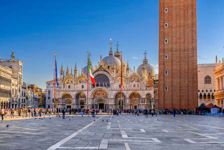 View of Basilica di San Marco and piazza San Marco in Venice, Italy. Architecture and landmark of Venice. Sunrise cityscape of Venice.の写真素材
