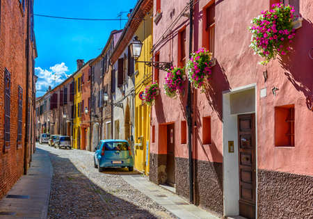 Cozy narrow street in Ferrara, Emilia-Romagna, Italy. Ferrara is capital of the Province of Ferraraの写真素材