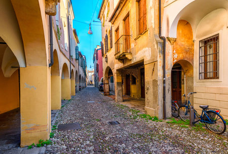 Narrow street in Padua (Padova), Veneto, Italyの写真素材