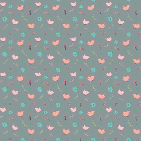 seamless pattern. birds and flowers on a gray background. spring and summerのイラスト素材