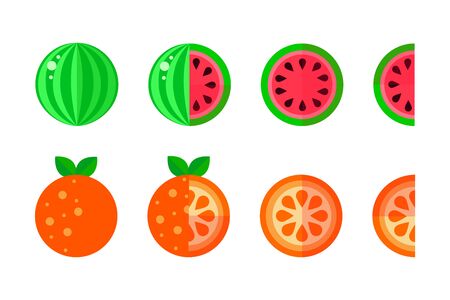 set of watermelon and orange. whole and halfのイラスト素材