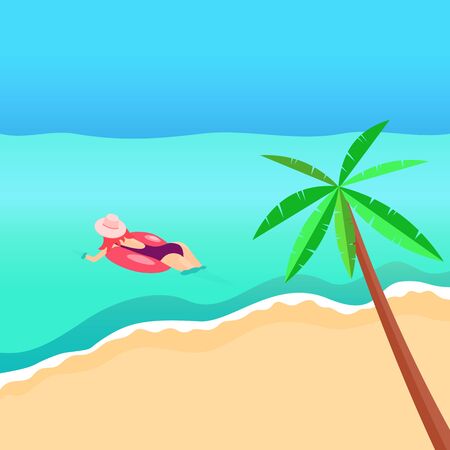 girl swims in the sea or ocean. palm trees, sand, swimming circleのイラスト素材