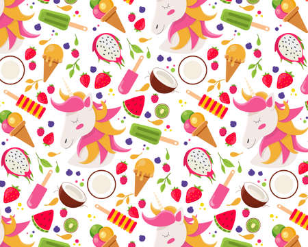 summer seamless spattern with unicorn, ice cream and tropical fruitsのイラスト素材