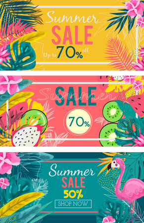 Summer sale banner background template with green leaves, Flamingos and fruitsのイラスト素材