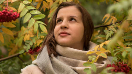 Portrait of an attractive caucasian woman smiling against a background of autumn foliageの写真素材
