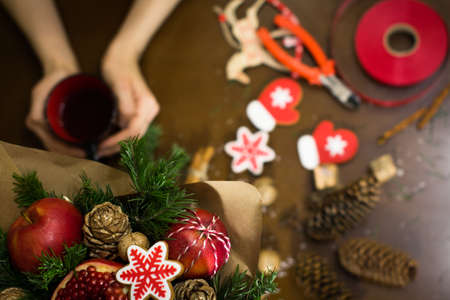 decoration of Christmas gifts, making bouquets of fruits