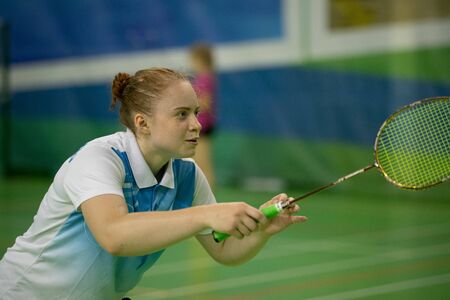 Russia, Novosibirsk, March 29, 2019. Athletes train in badminton courtsのeditorial素材