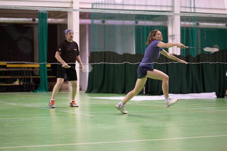 Russia, Novosibirsk, March 29, 2019. Athletes train in badminton courtsのeditorial素材