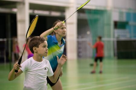 Russia, Novosibirsk, March 29, 2019. Athletes train in badminton courtsのeditorial素材