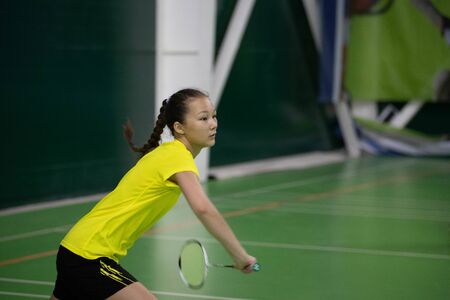 Russia, Novosibirsk, March 29, 2019. Athletes train in badminton courtsのeditorial素材