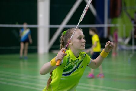 Russia, Novosibirsk, March 29, 2019. Athletes train in badminton courtsのeditorial素材