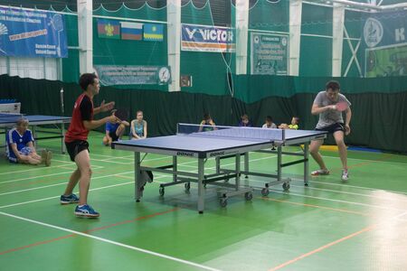 Russia, Anapa, August 29, 2019. Young athletes train at pitches for playing table tennisのeditorial素材