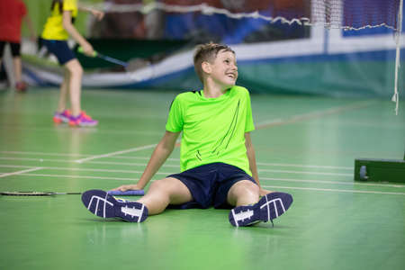 Russia, Anapa, August 29, 2019. Young athletes train on badminton courtsのeditorial素材