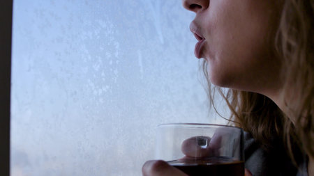 Beautiful romantic girl with a cup of tea near the winter window. Winter day, cozy mood.の写真素材