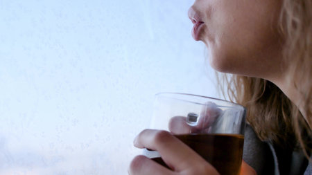 Beautiful romantic girl with a cup of tea near the winter window. Winter day, cozy mood.