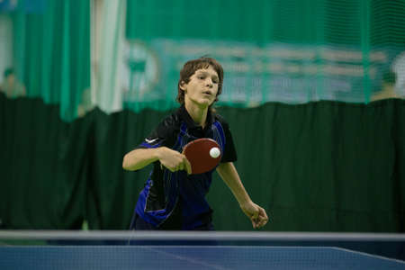Russia, Anapa, August 29, 2019. Young athletes train at pitches for playing table tennisのeditorial素材